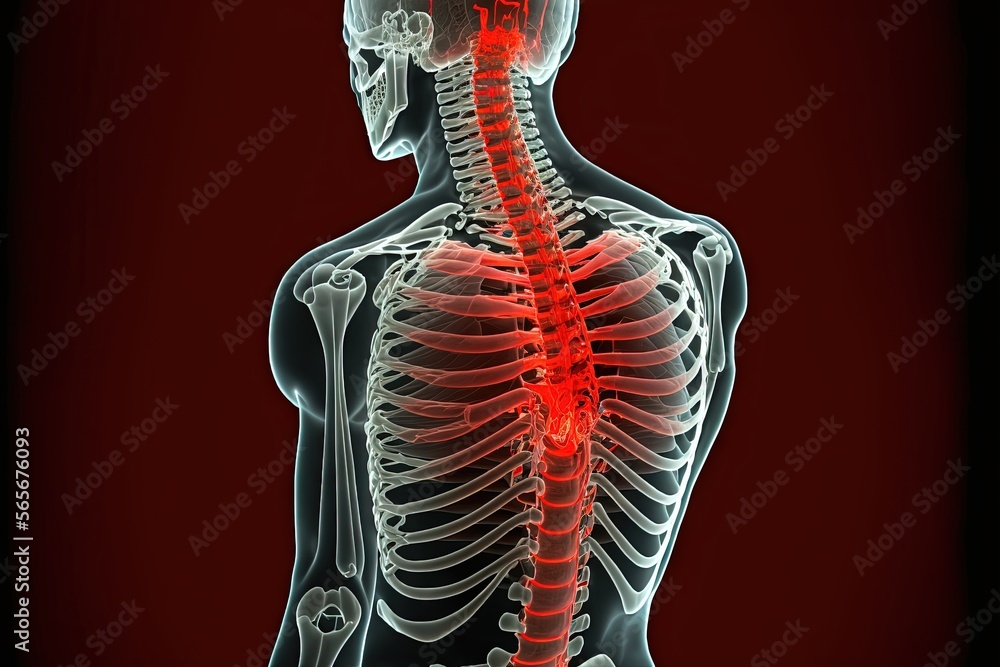 Poster a skeleton with a red highlighted back and neck highlighted in the upper part of the body, with a re