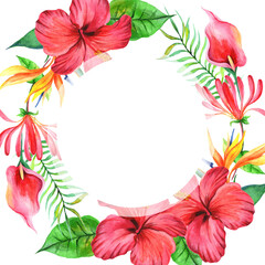 Naklejka premium Watercolor frame with hibiscus flower, tropical flowers and leaves.