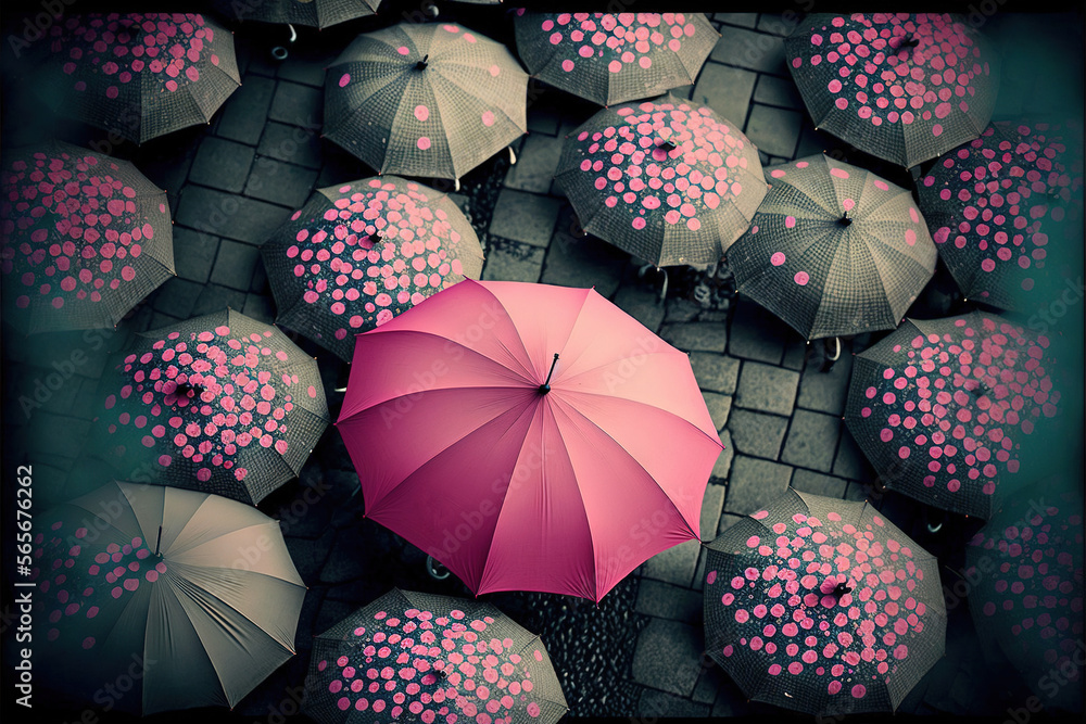 Poster a group of umbrellas with pink dots on them are arranged in a pattern on a brick floor, with a black