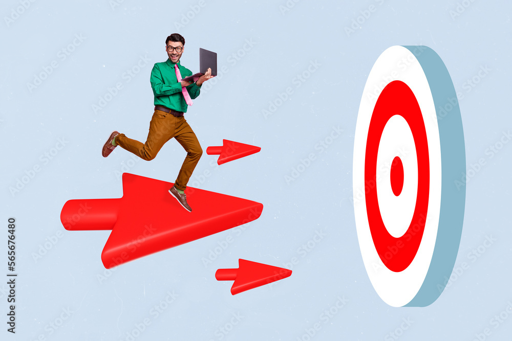 Poster Creative collage abstract image of mini successful guy use netbook flying arrow darts board target isolated on drawing background