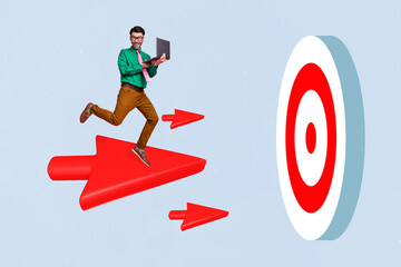 Creative collage abstract image of mini successful guy use netbook flying arrow darts board target...