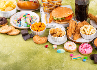 Assortment of various unhealthy junk food.