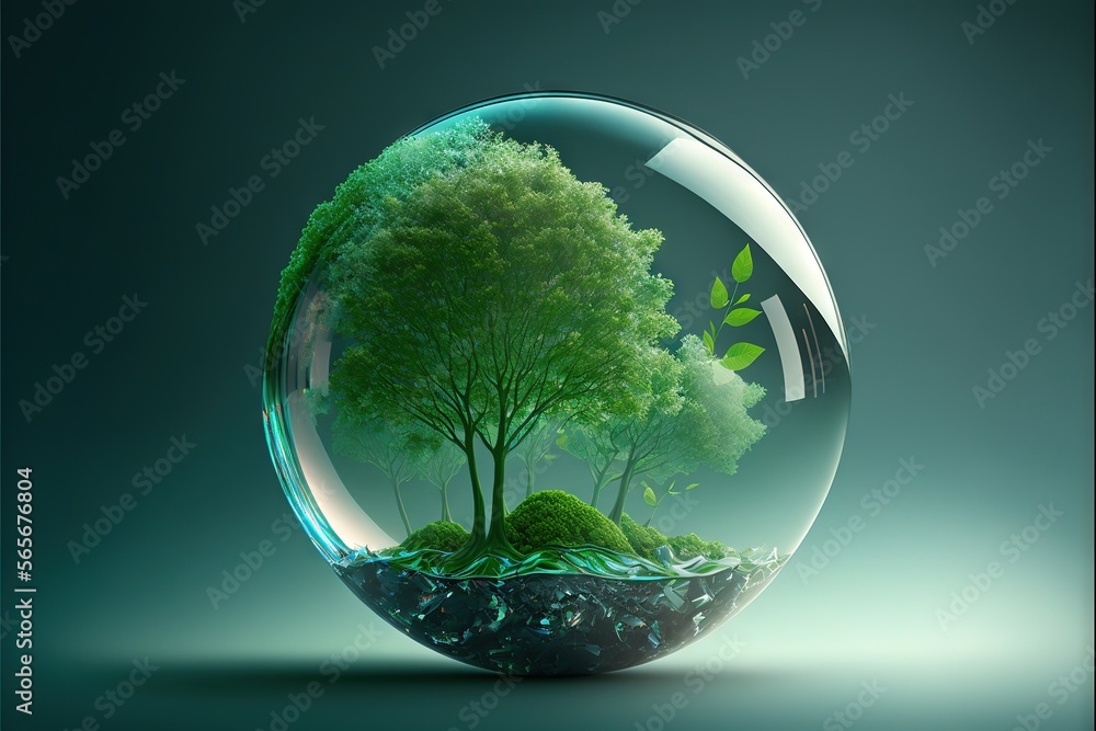 Poster a glass ball with a tree inside of it on a table top with a green background and a blue sky backgrou