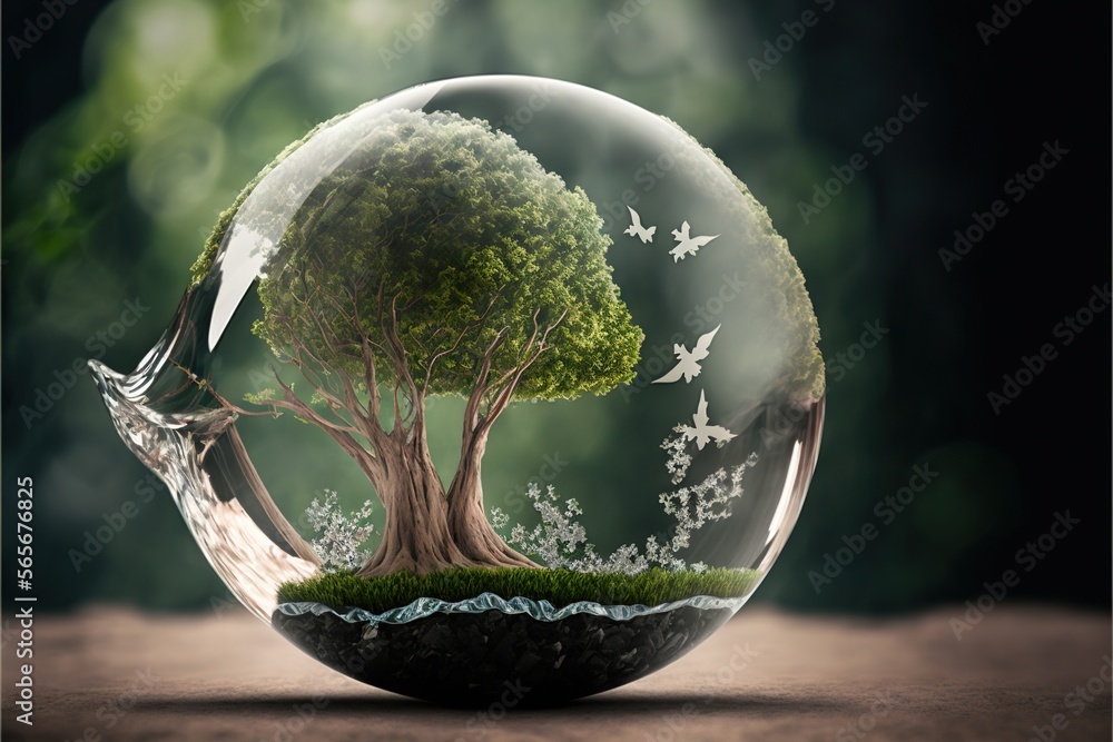 Poster a glass ball with a tree inside of it on a table with a dark background and a green tree in the cent