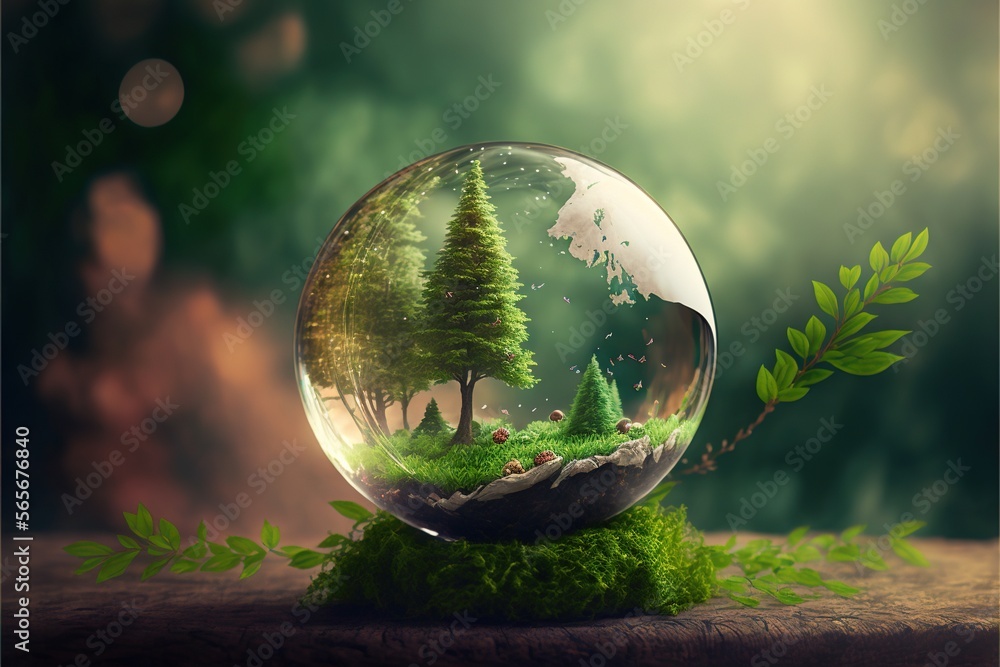 Poster a glass ball with a forest inside of it on a table with a plant in it and a tree inside of it on top