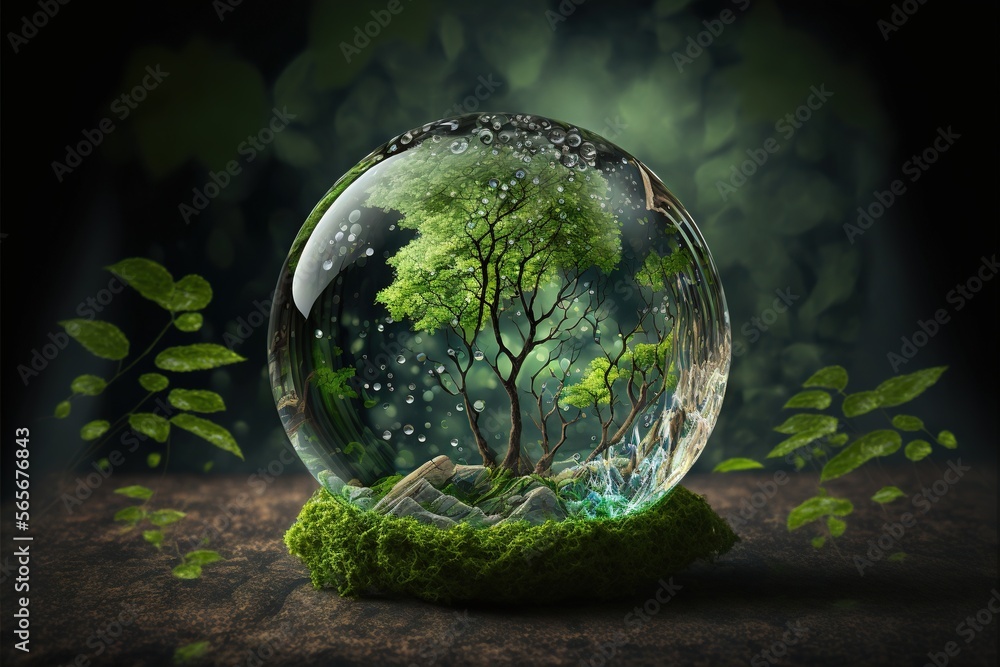 Poster a glass ball with a tree inside of it on a table with moss and rocks around it and a green leafy are