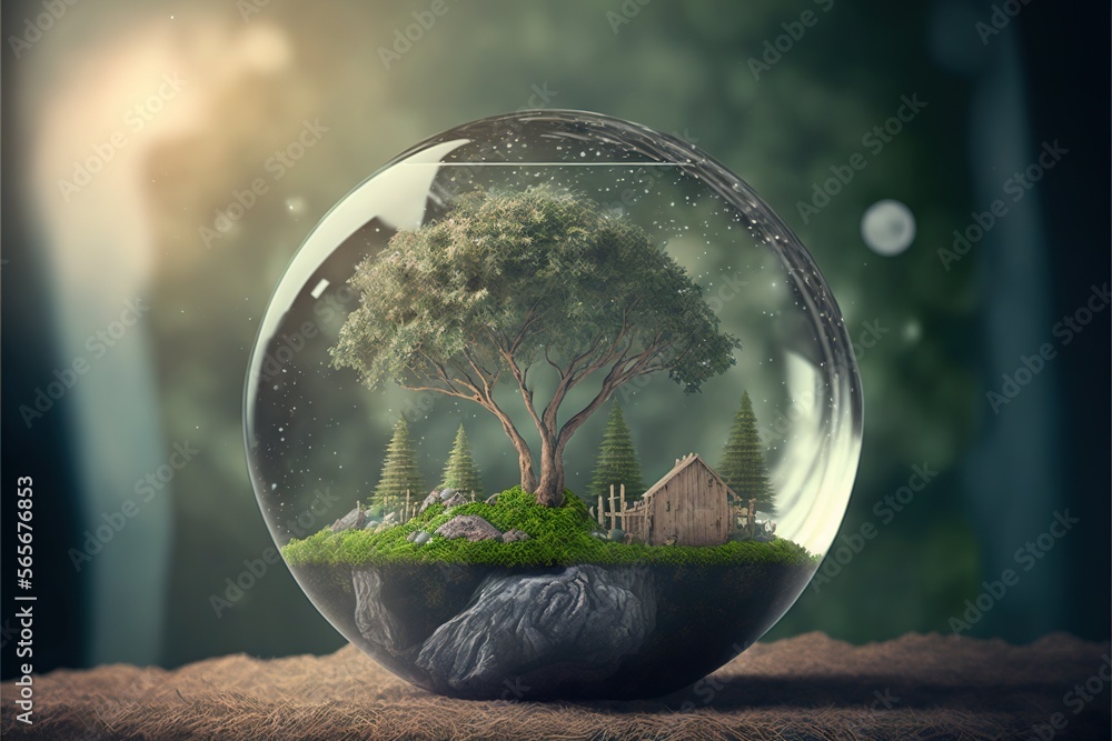 Poster a glass ball with a tree inside of it on a table with a rock and a house in the middle of it, with a