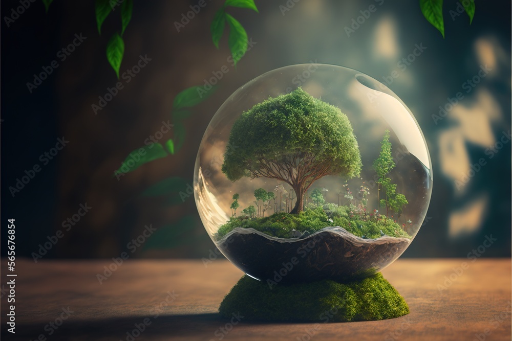 Poster a glass ball with a tree inside of it on a table with a tree inside of it and a small island inside 