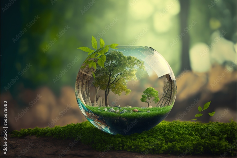 Poster a glass bowl with a tree inside of it on a moss covered ground in a forest with rocks and trees in t
