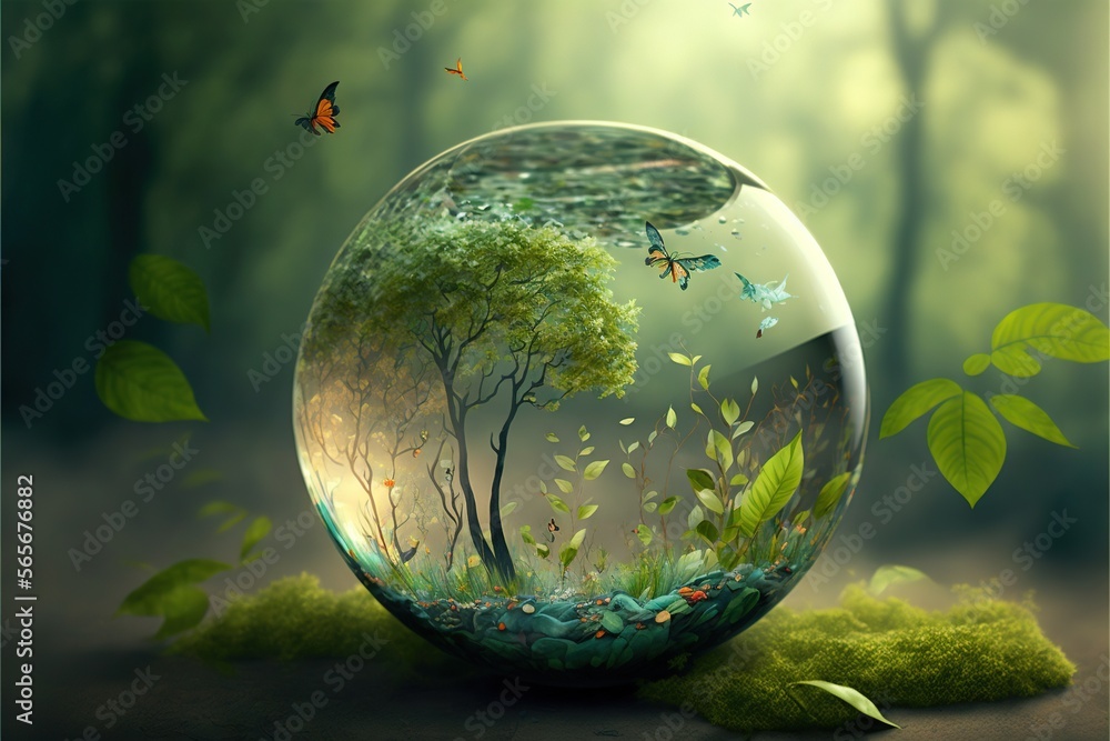 Poster a glass ball with a tree inside of it on a green surface with grass and butterflies flying around it
