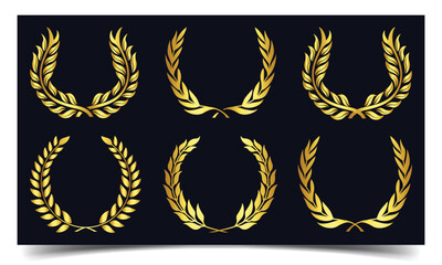 Gold laurel wreath. Golden silhouette laurel foliate wreaths award, achievement, chaplet, heraldry, nobility.Gold award laurel wreath on dark background. Vector illustration. 