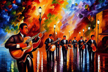 Mexican mariachi on zocalo in the evening performing a song illustration, latino street musicians in traditional costumes , Generative AI
