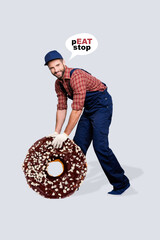 Vertical collage portrait of cheerful auto car mechanic man big chocolate donut instead tire wheel...