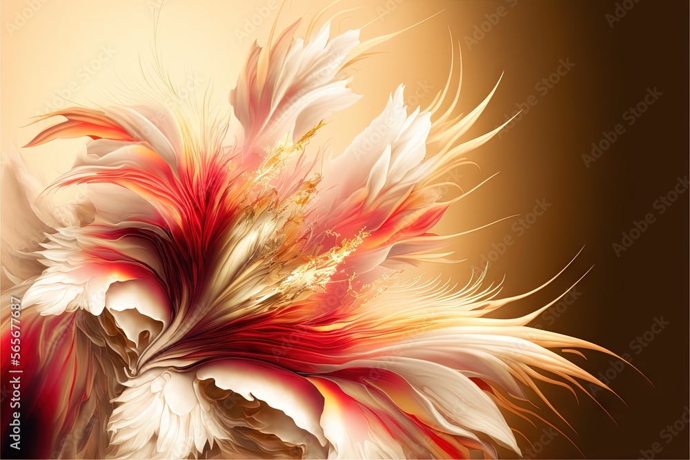 Poster a painting of a flower with red and white petals on a brown background with a gold border around it 