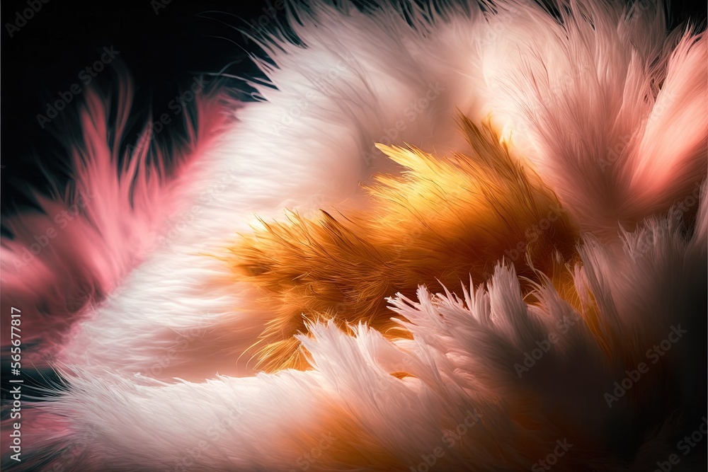 Poster a close up of a white and pink feather with a black background and a yellow center in the center of 