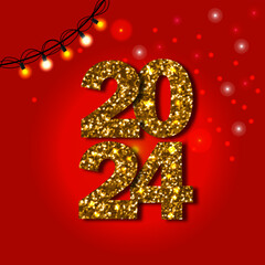 Happy new year 2024 design with shiny golden glitters vector number. Template for calendar, poster, banner.