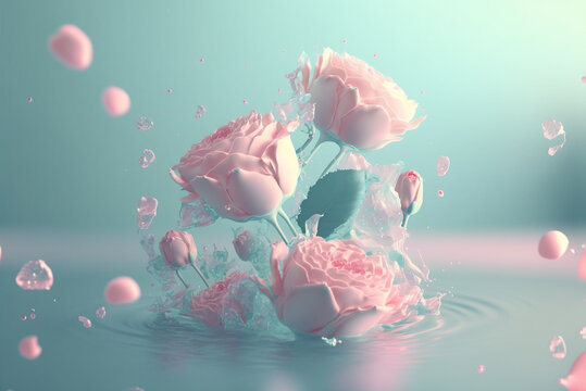 Lovely Pastel Color Roses Floating On Water Flower Petals, Minimal  Floral Love Valentine's Day,generative Ai.