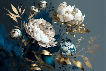 Naklejka na ściany i meble A wallpaper of a rococo blooms flowers dreamy intricate details pastel scheme blue gold tone fantasy fairytale aesthetic rococo luxurious style background,generative ai.