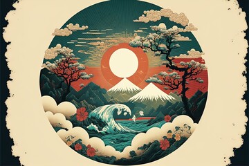 Painting in the traditional Japanese style. Mount Fuji, sakura trees, red sunset with clouds AI generated illustration