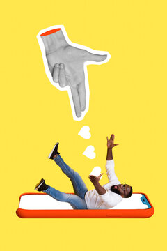 Creative 3d artwork collage photo of young excited student blogger guy falling down inside phone screen popularity isolated on yellow background
