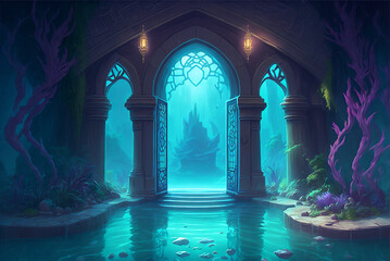 Underwater temple gate background. Concept art illustration of a fantasy temple under water. gate to Poseidon temple. Video game background art. Game design asset.