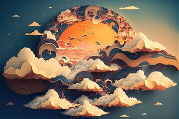 Painting in the traditional Japanese style. Mount Fuji, sakura trees, red sunset with clouds AI generated illustration