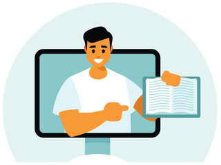 E-learning. A male lecturer holds a textbook in his hand and points his finger at the desired paragraph. Vector graphics