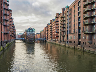The Warehouse District Speicherstadt during a couldy day, Hamburg, Germany