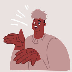 Vector illustration of Gesture oops, sorry or I do not know. Guy shrugs and spreads his hands.