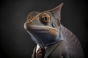 portrait of a cameleon  in a business suit, generative ai