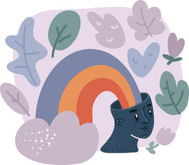 Vector illustration of creative, happy and healthy brain. Mental health concept person. Rainbow out from the head