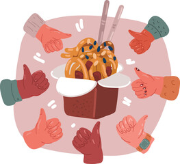 Cartoon vector illustration of Wok box. Noodles in a carton box. Asian food. Thumb up arround