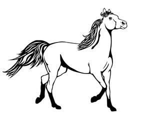 Horse running, black outline vector illustration design 