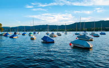 Fototapeta na wymiar Boats parked on a lake in Zurich, Switzerland at Sunset in the summer