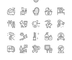 Pet grooming. Clean dog ear. Bathing. Pets nail clipper. Pets care. Pixel Perfect Vector Thin Line Icons. Simple Minimal Pictogram