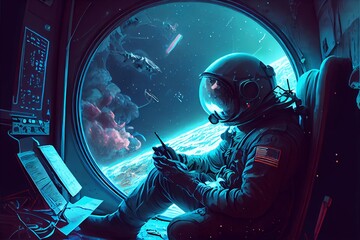A man sits in a spaceship next to a porthole.