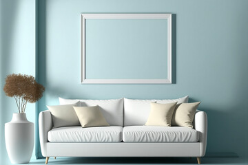 light blue living room design, Blank picture frame mockup on light blue wall, modern Boho style interior with sofa