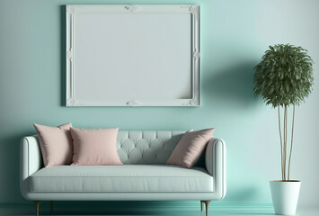 light blue living room design, Blank picture frame mockup on light blue wall, modern Boho style interior with sofa