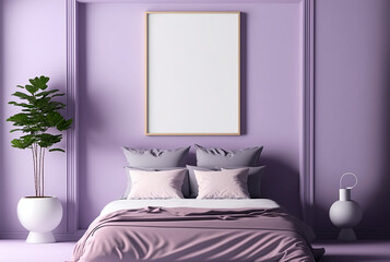 lilac bedroom design, Blank picture frame mockup on lilac wall, purple bed room Interior, modern Boho style interior with chair