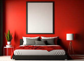red and black bedroom Interior design, Blank picture frame mockup on red wall, red and black bedroom Interior, modern Boho style interior with white bed