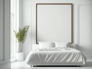 White bedroom interior design, Blank picture frame mockup on white wall, modern Boho style interior with bed