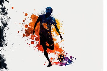 Illustration made with rainbow watercolors silhouett, soccer player. Generative AI