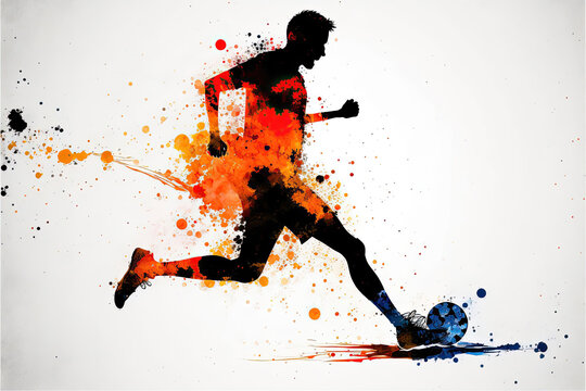 Illustration made with rainbow watercolors silhouett, soccer player. Generative AI