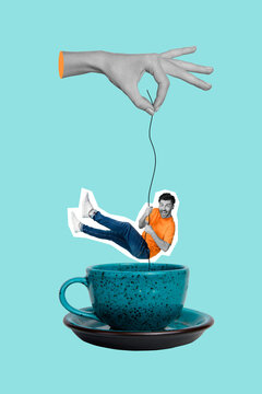 Vertical collage image of huge black white colors arm fingers hold string mini excited guy hanging above tea cup isolated on creative background