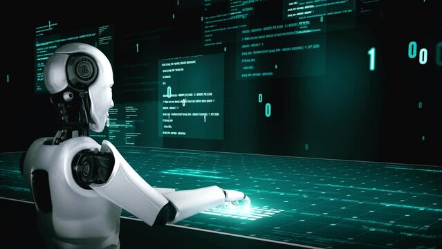 Futuristic robot artificial intelligence huminoid AI programming coding technology development and machine learning concept. Robotic bionic science research for future of human life. 3D rendering.