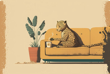Leopard sitting on couch with coffee