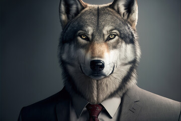 Fototapeta premium portrait of a wolf in a business suit, generative ai