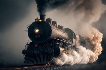 Fototapeta na wymiar Vintage steam train with ancient locomotive and old carriages at Nigh. generative AI
