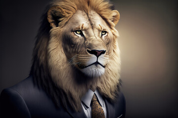 portrait of a  lion in a business suit, generative ai