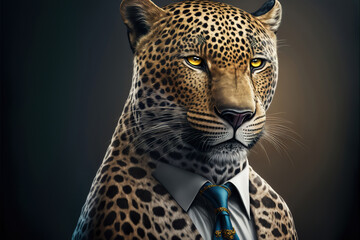 Fototapeta na wymiar portrait of a leopard in a business suit, generative ai